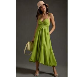 New By Anthropologie V-Neck Tiered Bubble-Hem Midi Dress $170 LARGE Green